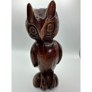 Vintage Mid Century Modern Boho Wooden Hand Carved Owl Figurine Statue